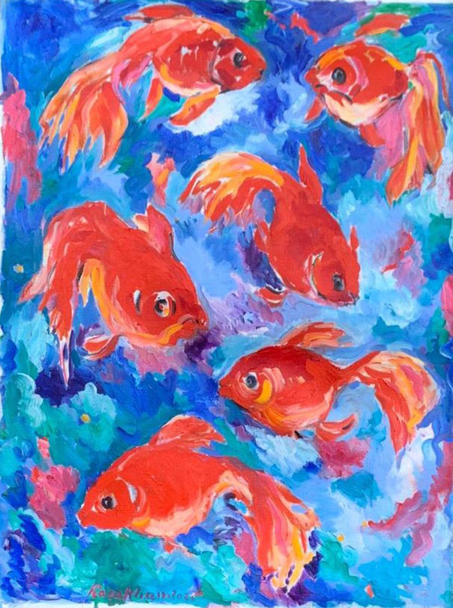 RED FISHES - zodiac sign pisces -animal art, original painting, Feng Shui , Red Blue, Chri... by Karakhan