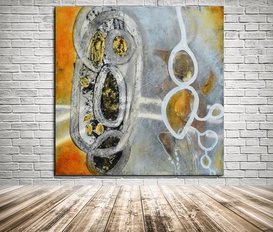 Evolution Series - large abstract painting with grey, yellow and white on wood.