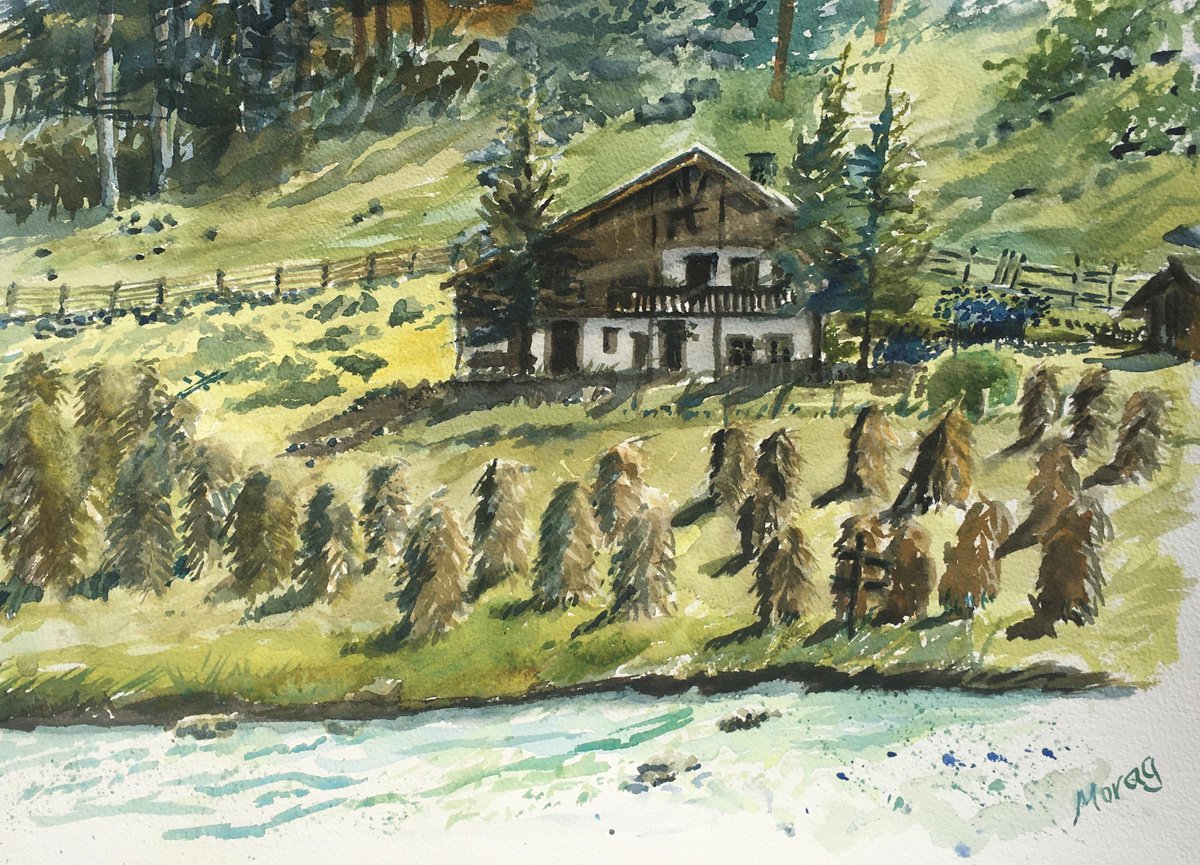 Impressionistic Landscape Watercolour By Morag Paul, 28 X 20", House By The River, Lusens Valley, Tyrol, Austria, Artfinder