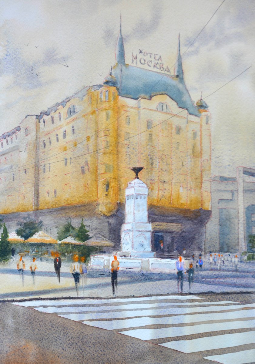 A day before Hotel Moskva Terazije Belgrade 25x36 cm 2024 by Nenad Kojic watercolorist