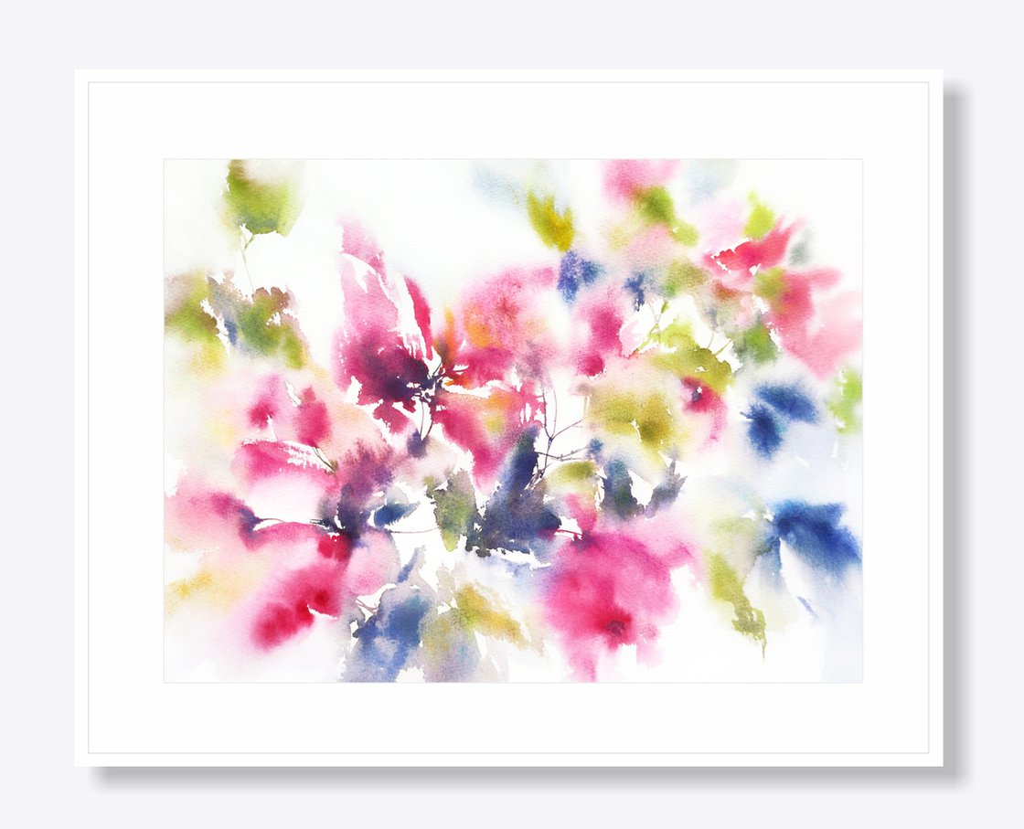 Pink Loose Flowers, Watercolor Floral Pa, Painting by Olya Grigorevykh