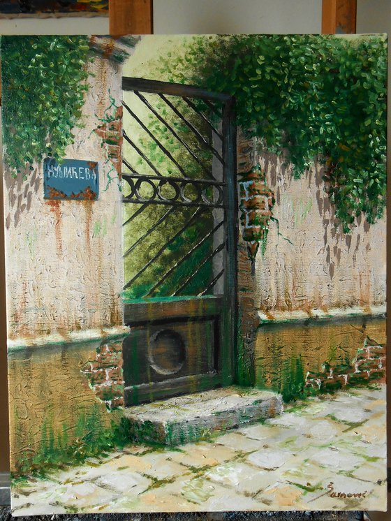 Old Gate, oil painting, modern realism, one of a kind