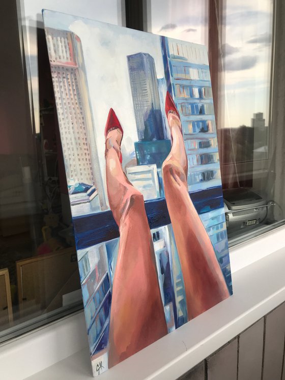NEW YORK - oil painting on canvas board, original gift, red heels, woman, nude, erotics, original gift, home decor, pop art, office interior