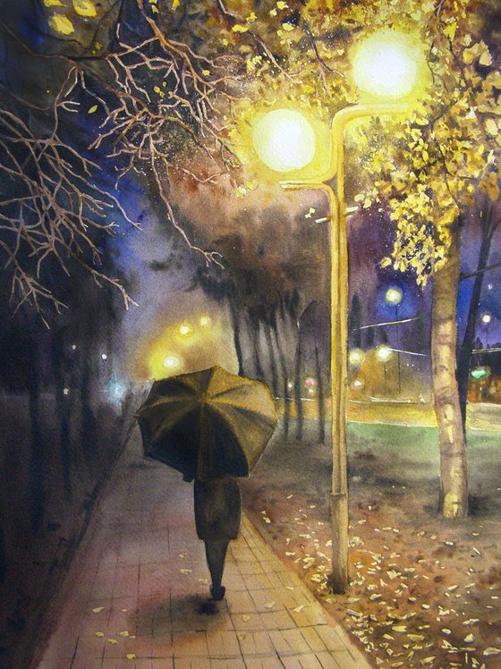 Autumn Evening  - Autumn Painting, Autumn Decor, Park, Cityscape, Landscape, Umbrella, Lady with Umbrella, October Evening, original watercolor painting, home decor, wall decor