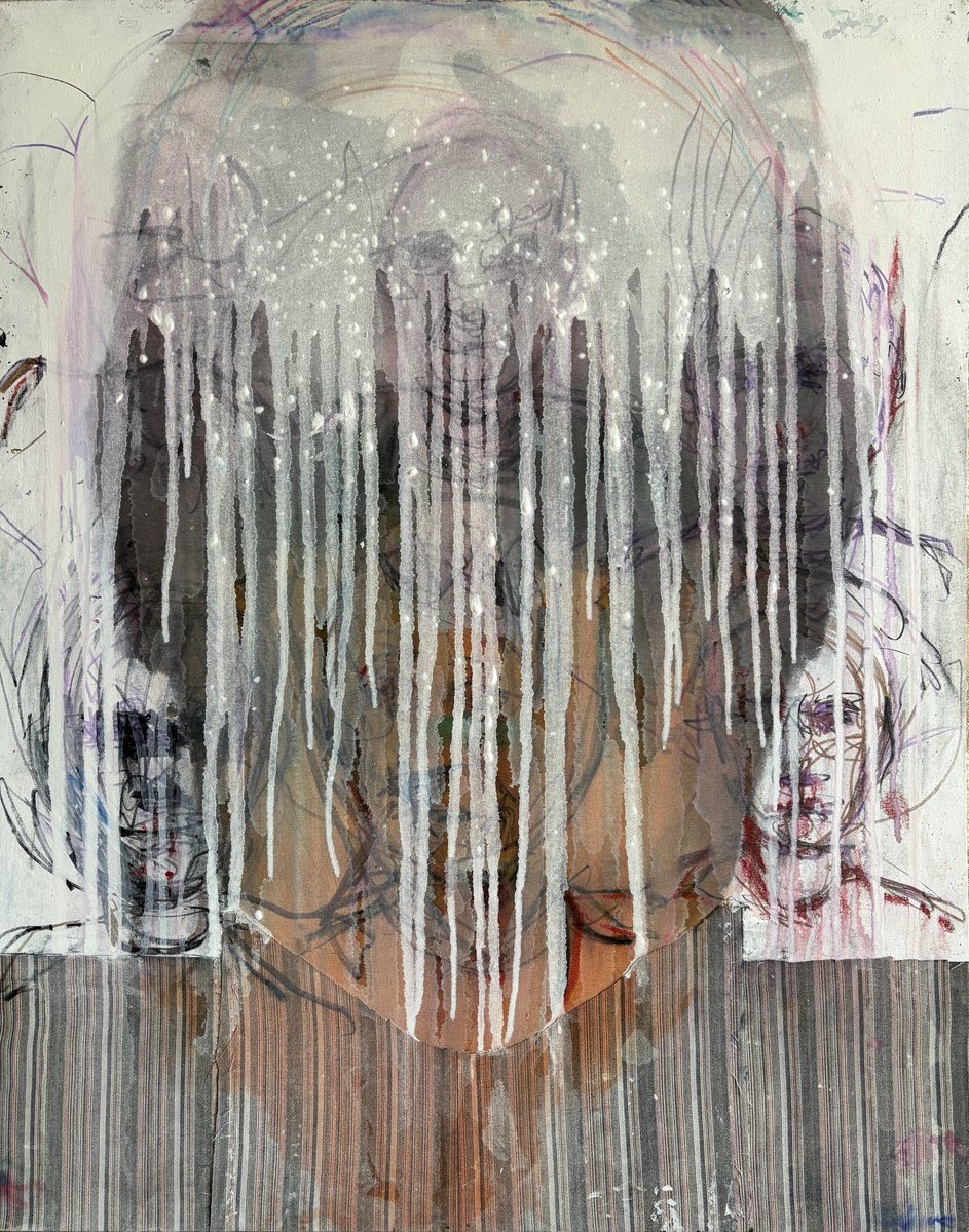 Abstract Portrait Painting By Gela Mikava, 31 X 39, Veil Of Flesh-In Black, Original Artwork