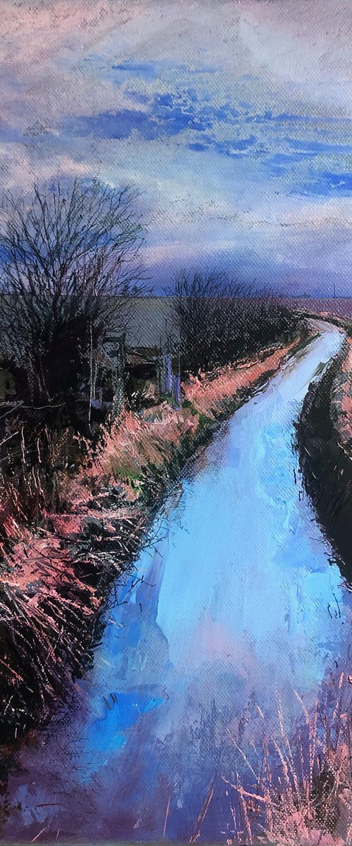 'Winter Stream' River, Landscape, Blue Sky Water Reflections. by Simon Jones