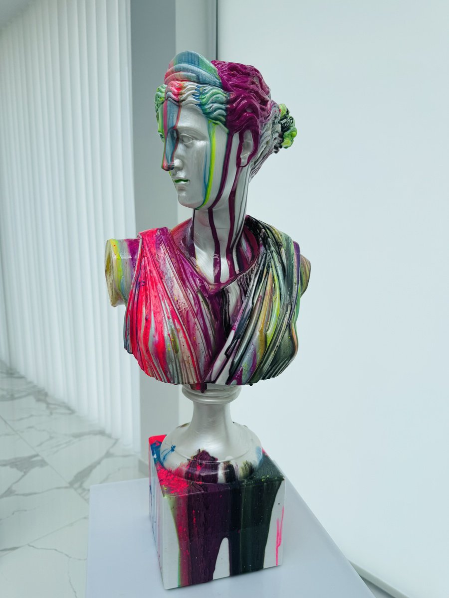 Urban And Pop Portrait Stone Sculpture By Antoni Dragan, 11 X 25, Neon Artemis, Original Artwork