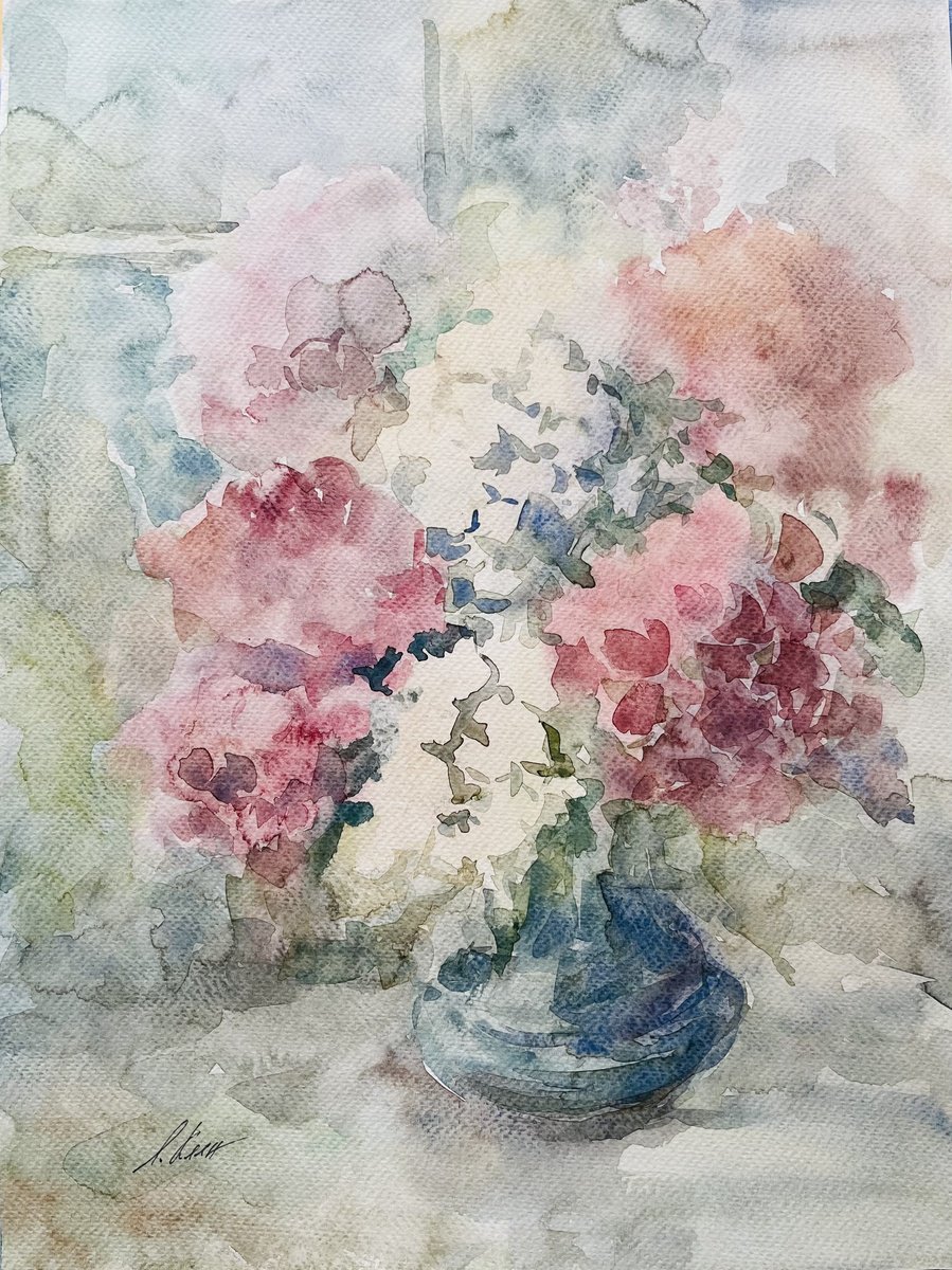 Impressionistic Still Life Watercolour By Elena Klyan, 12 X 16, Hydrangea 2, Original Artwork