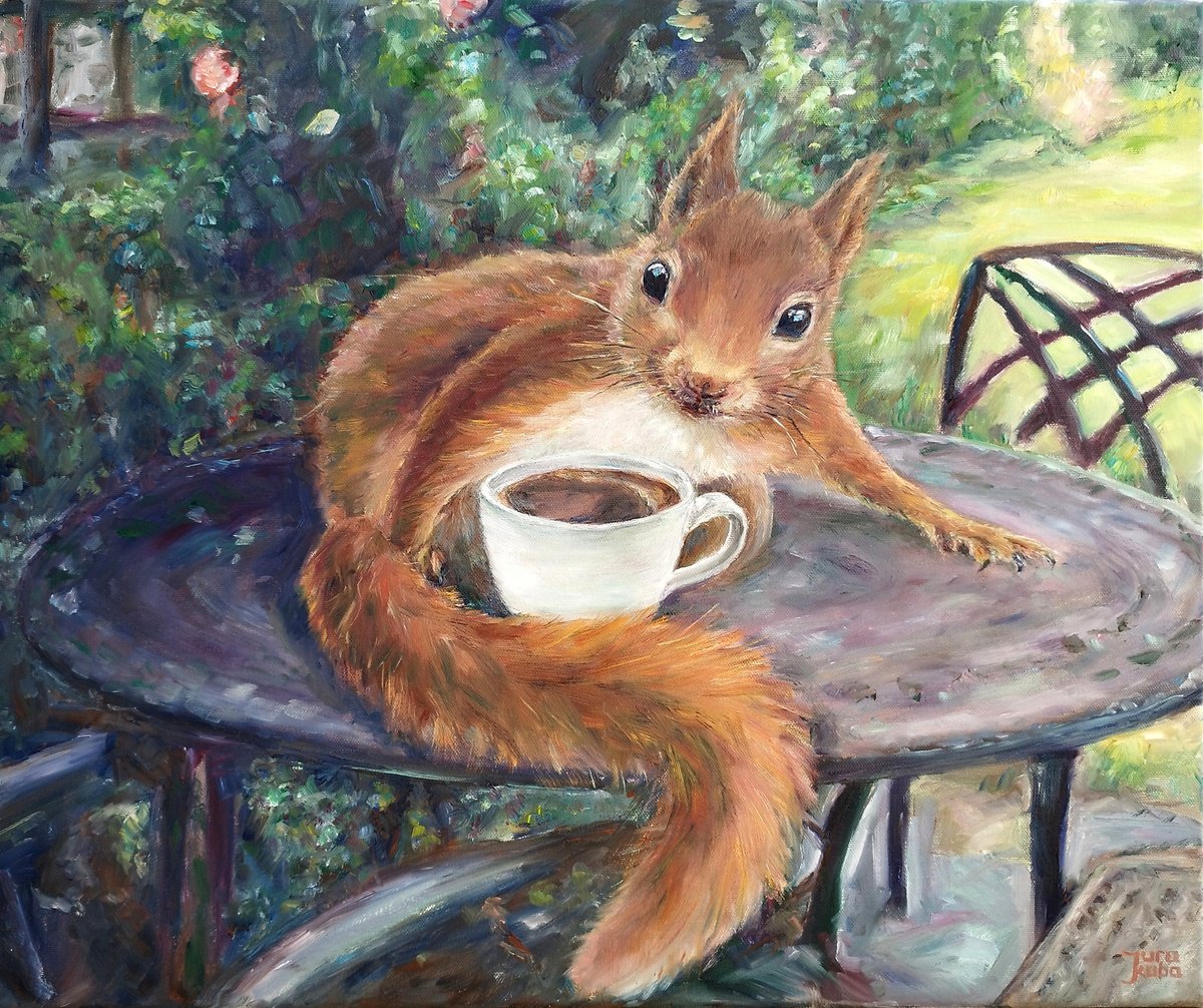 Photorealistic Oil Painting , Red Squirrel With A Cup Of Coffee By Jura Kuba Art, 24 X 20, Artwork For Sale On Artfinder