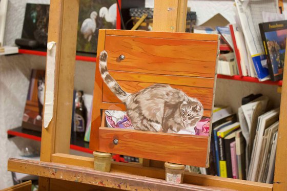 Ghibli in the chest of drawers, portrait of a grey cat by Anne Zamo