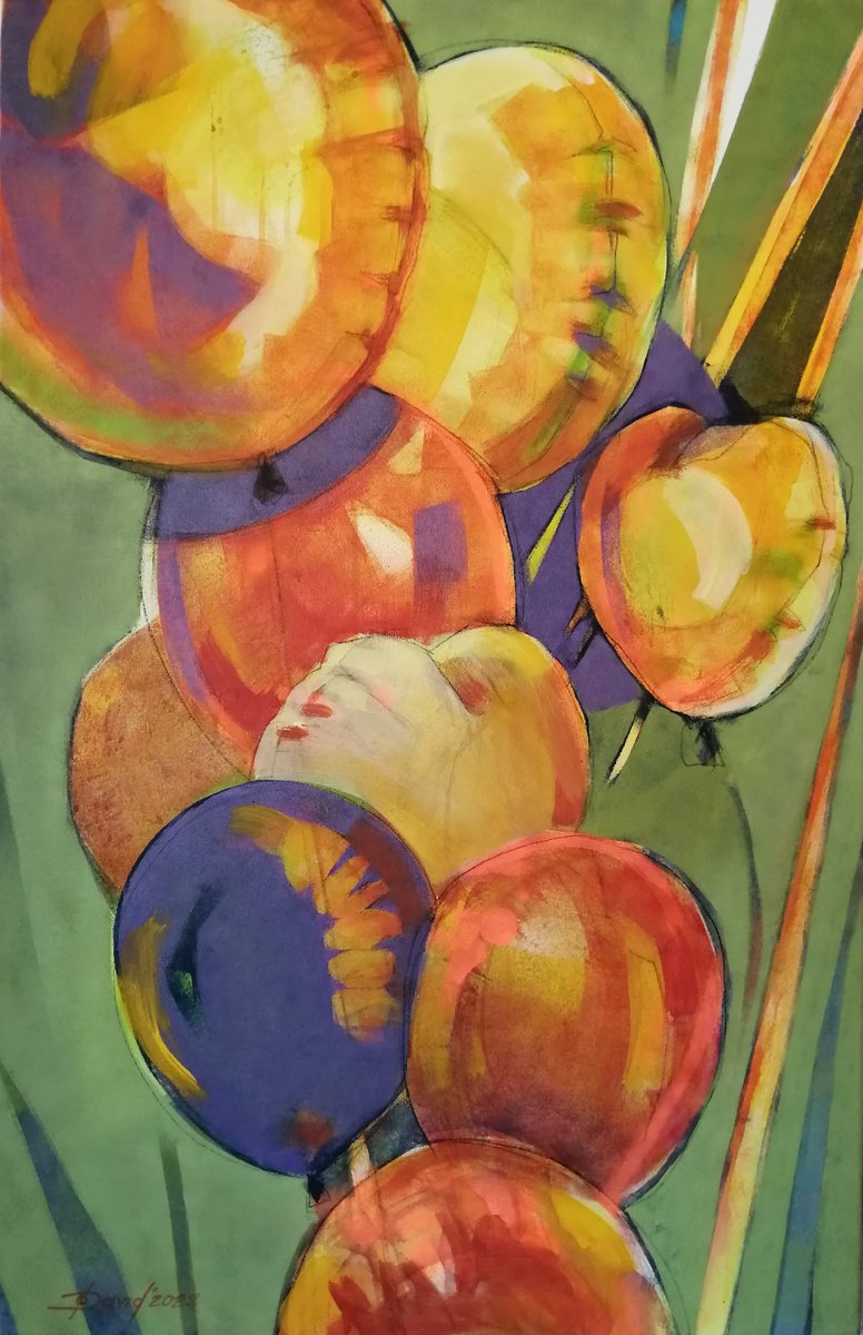 Expressive Still Life Painting By Olga David, 24 X 36", Balloons, Original Artwork