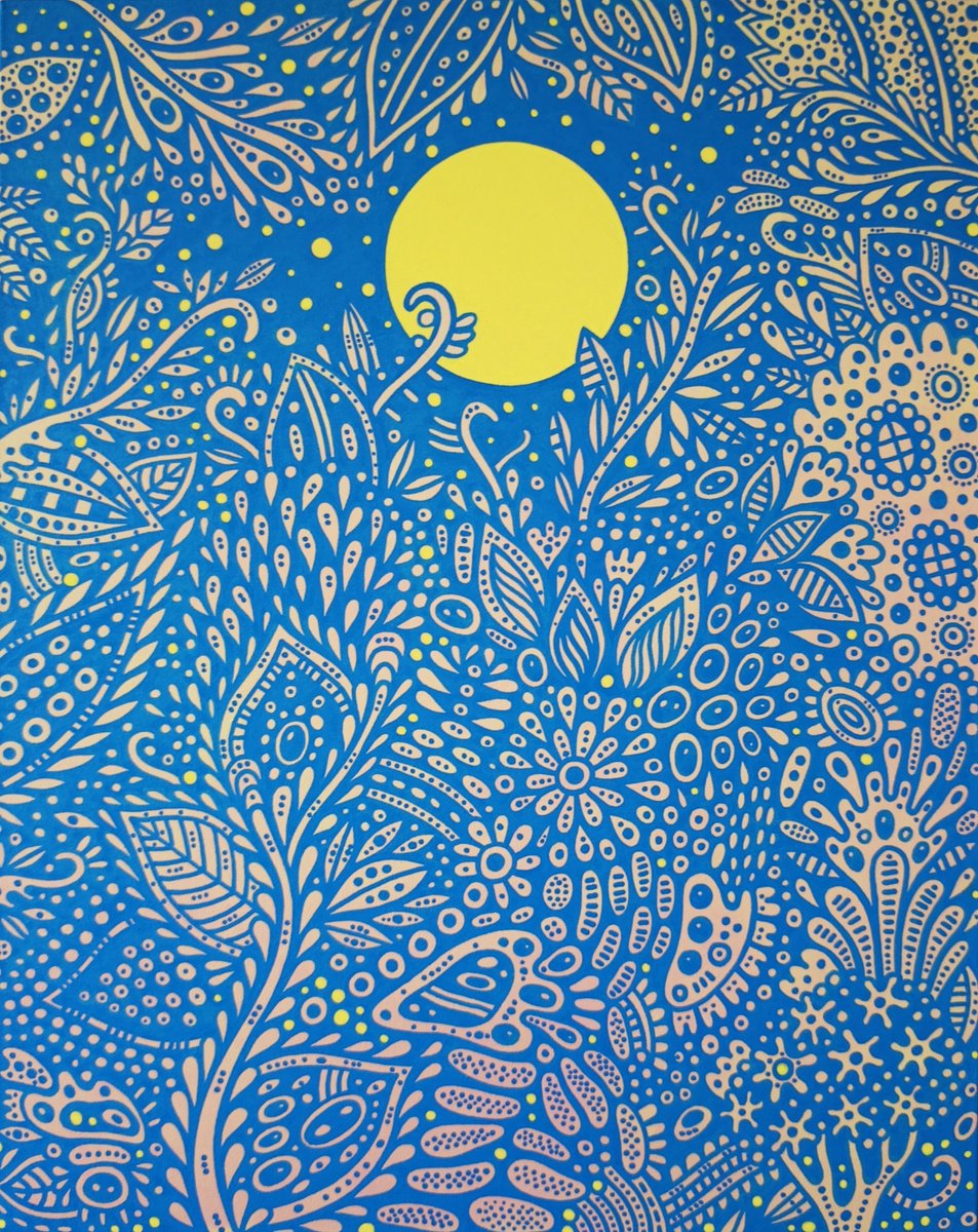 Naive Landscape Acrylic Painting By Veronika Demenko, 16 X 20", Tropical Eden N.22, Original Artwork