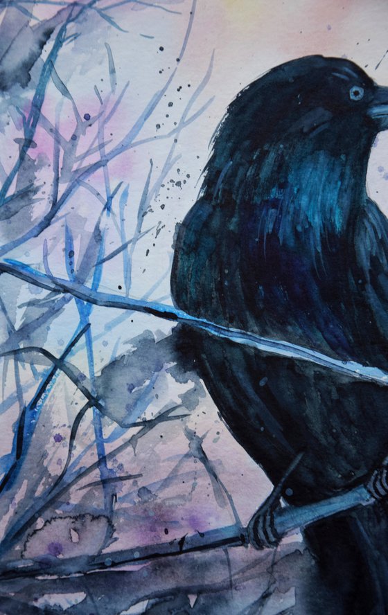 Raven watercolor painting, black crow wall art, gothic home decor, Halloween gift