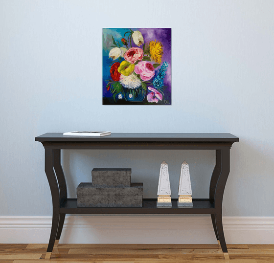 BOUQUET OF SUMMER FLOWERS    palette knife modern Still life Dutch style office home decor gift