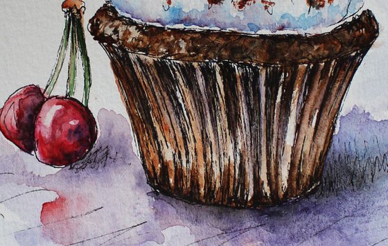 Original Watercolor - Yummy Cupcake with Cherry - Chocolate Dessert - Food Art - Kitchen Dining Room Decor - Food Illustration
