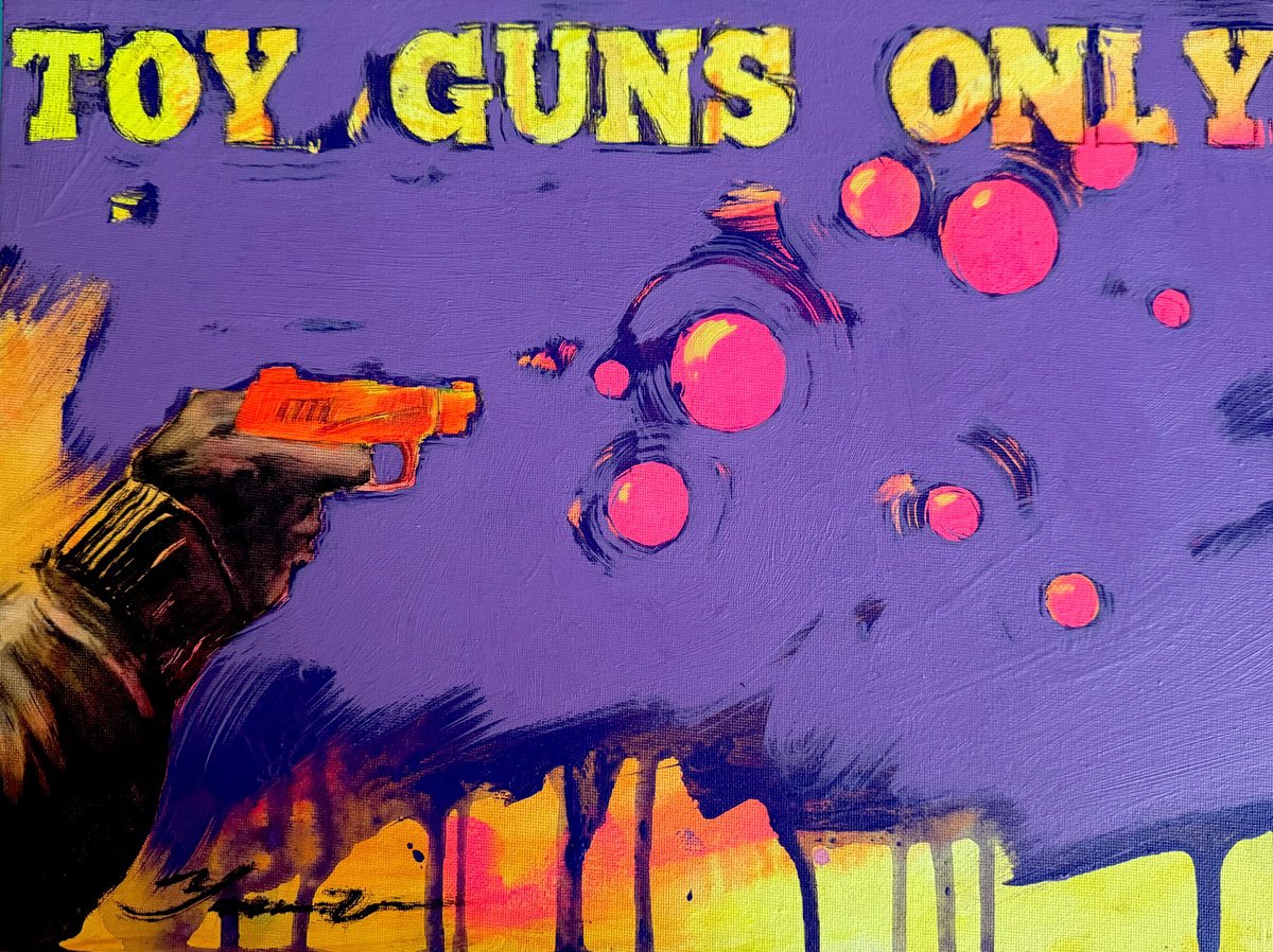 Urban And Pop Portrait Acrylic Painting By Yaroslav Yasenev, 16 X 12", Toy Guns Only 1, Original Artwork