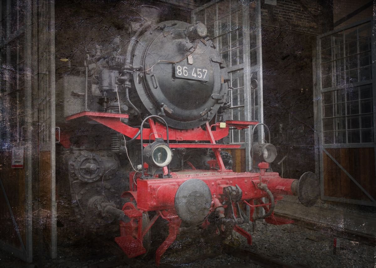 Old steam trains in the depot 7 - print on canvas 60x80x4cm by Kuebler