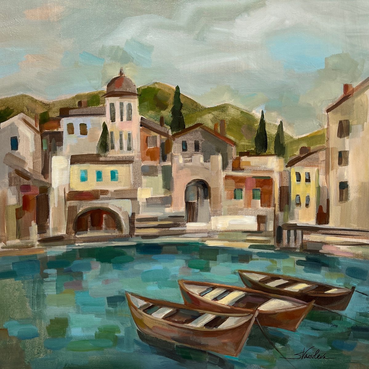 Impressionistic Cityscapes Acrylic Painting By Silvia Vassileva, 26 X 26", Italian Bay, Original Artwork