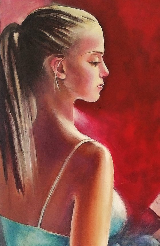 Girl with a book - 60 x 80cm Original Oil Painting