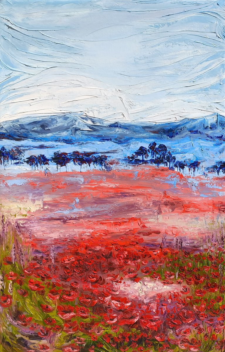 Impressionistic Botanical Oil Painting By Narine Vardanyan, 28 X 43", Scarlet Symphony, Original Artwork