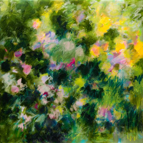 Ray of sunshine in the garden - Floral abstraction - seasonal colors green mauve yellow by Fabienne Monestier