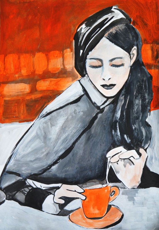 Girl drink tea / 42 x 29.7 cm