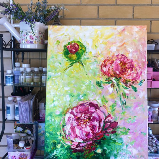 WINDOW TO THE GARDEN - Peonies. Diptych. Pink peony. Chrysanthemums. White. Voluminous bud. Macro style. two paintings. Flower set.