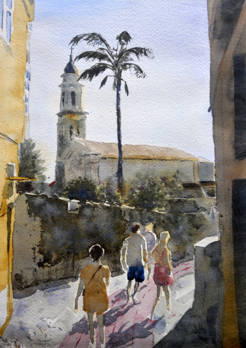 Impressionistic Cityscapes Watercolour By Nenad Kojic, 10 X 14", Sunny Day Menton France, Original Artwork