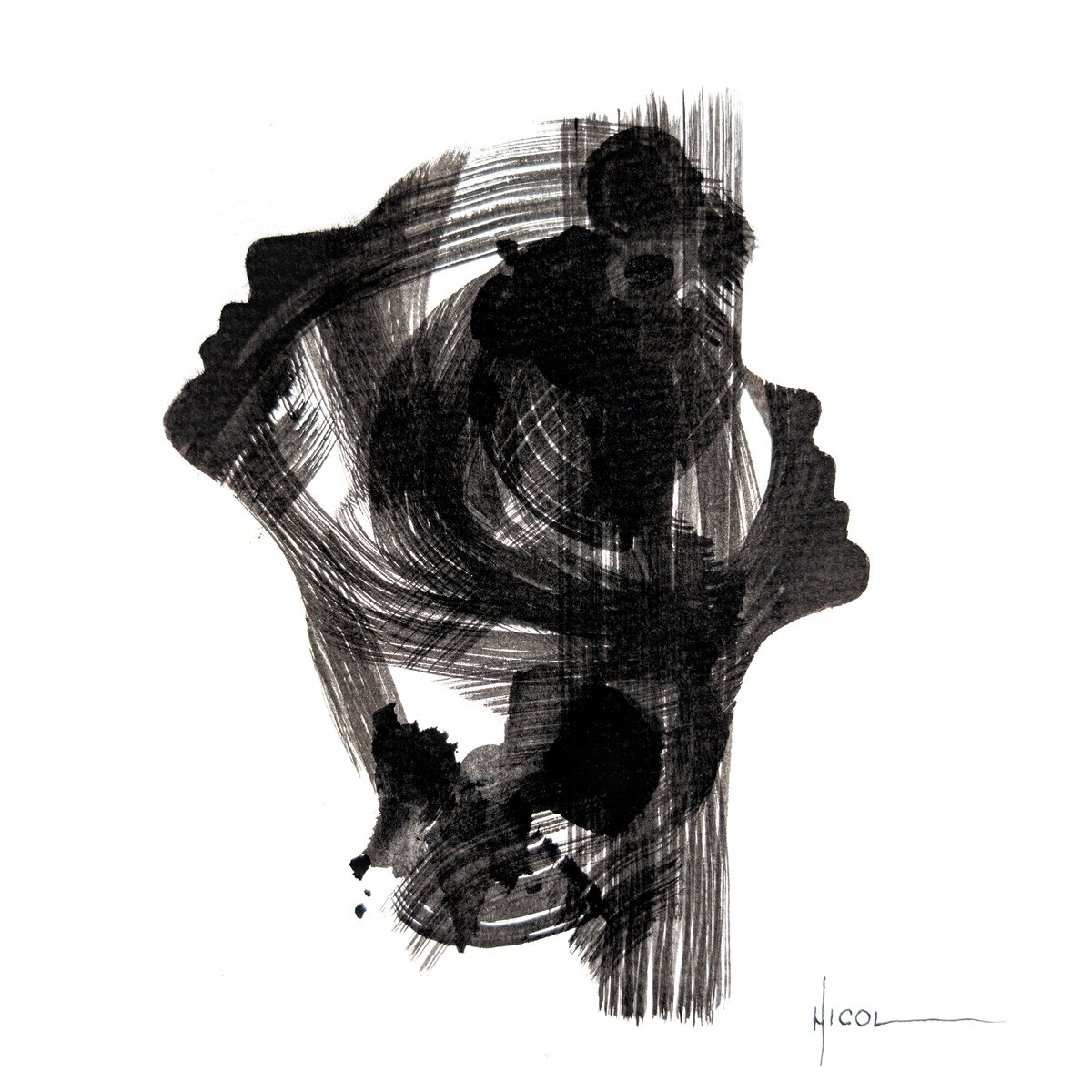 Expressive Abstract Ink Drawing By Nicol Vacaru, 8 X 8", Whispers Of Memory, Original Artwork