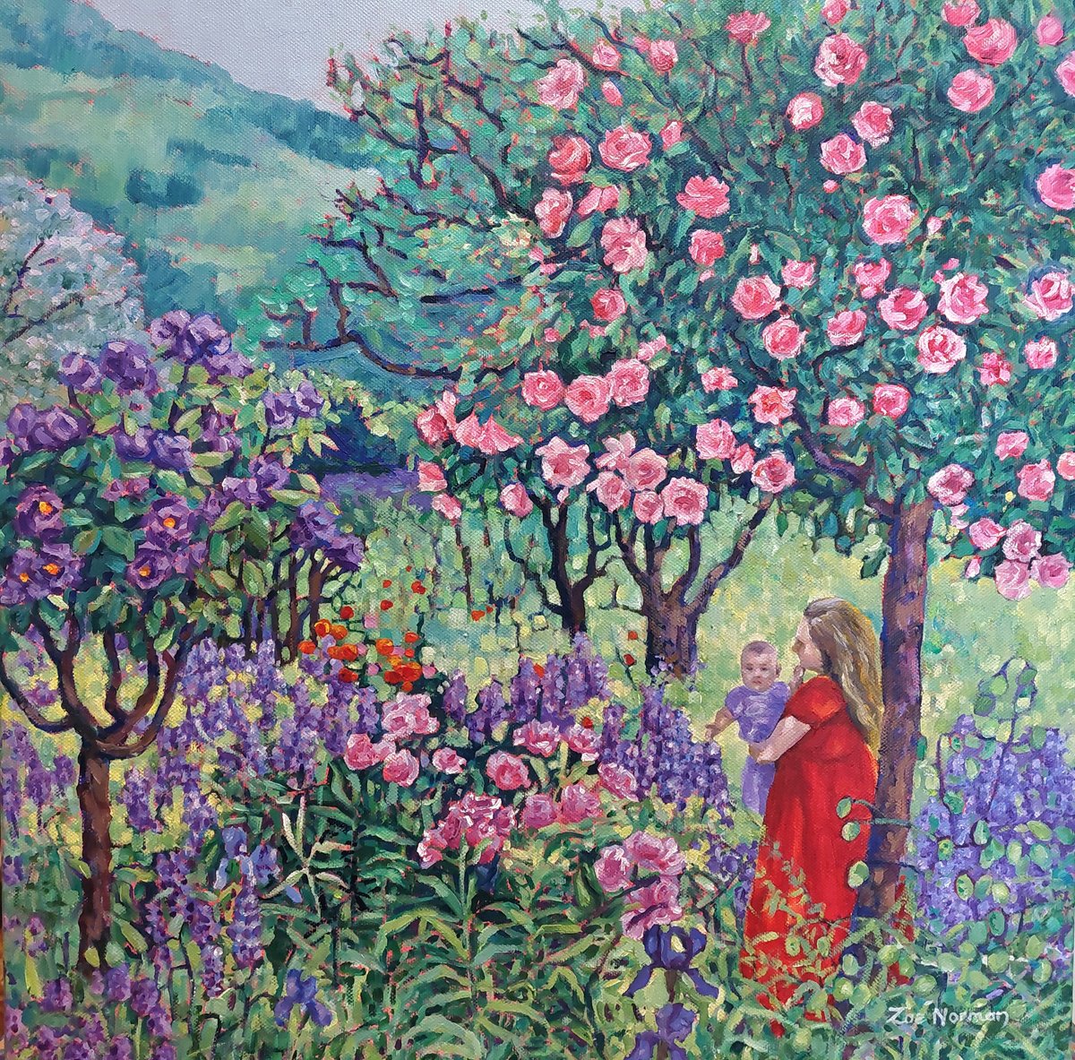Impressionistic Botanical Oil Painting By Zoe Elizabeth Norman, 20 X 20", In The Garden - Mother And Baby, Original Artwork