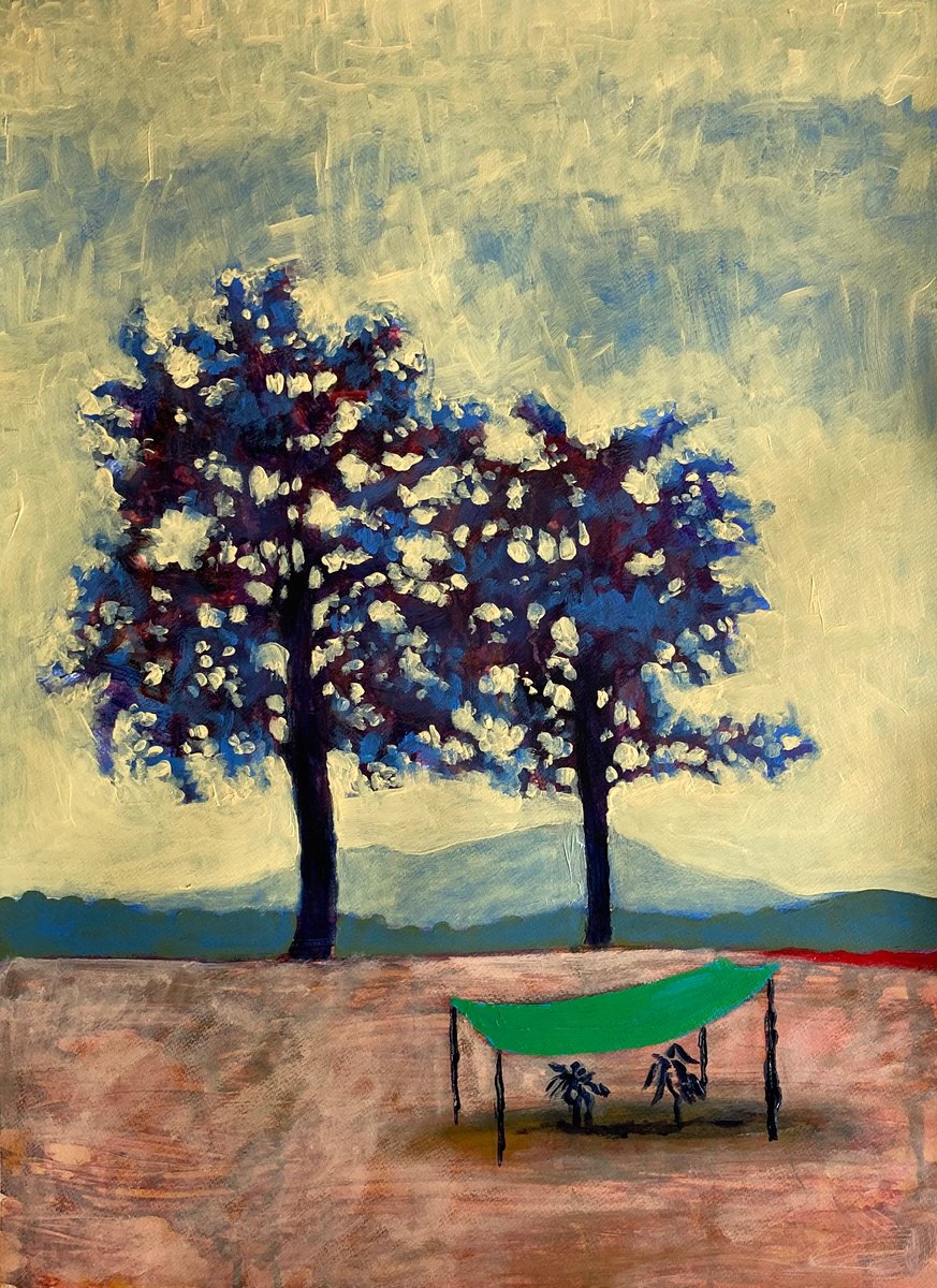 Impressionistic Landscape Acrylic Painting By John Cottee, 22 X 30, 4 Trees, Original Artwork