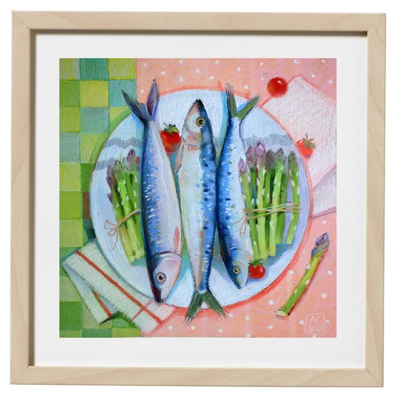 Still life with fish, fresh asparagus and cherry tomatoes