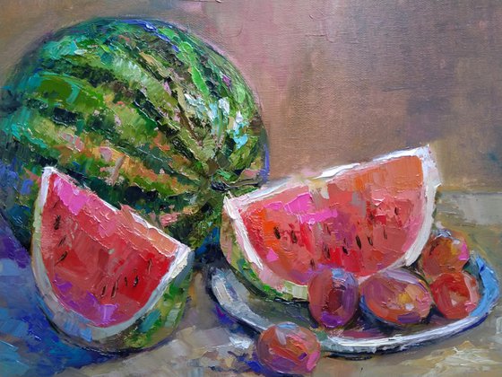 Still life - watermelon  (42x50cm, oil painting, ready to hang)