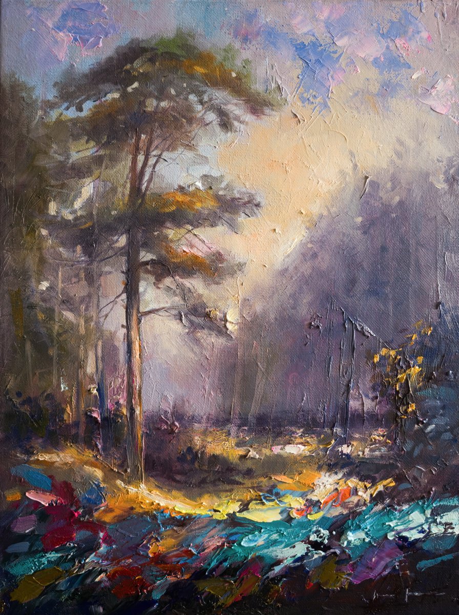 Impressionistic Landscape Oil Painting By Artem Grunyka, 12 X 16, Forest Light Sequence, Original Artwork