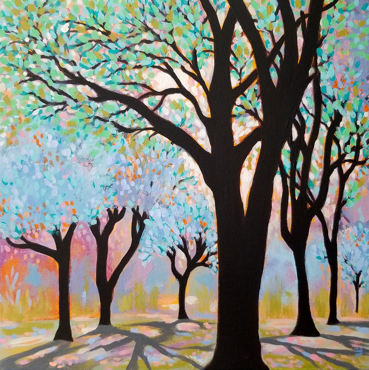 Impressionistic Landscape Acrylic Painting By Karen Rieger, 12 X 12", Dappled Afternoon, Original Artwork