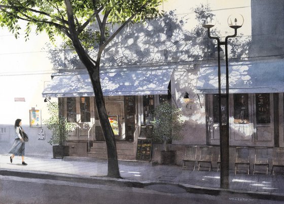 Dappled Light at a Street Cafe/Watercolor
