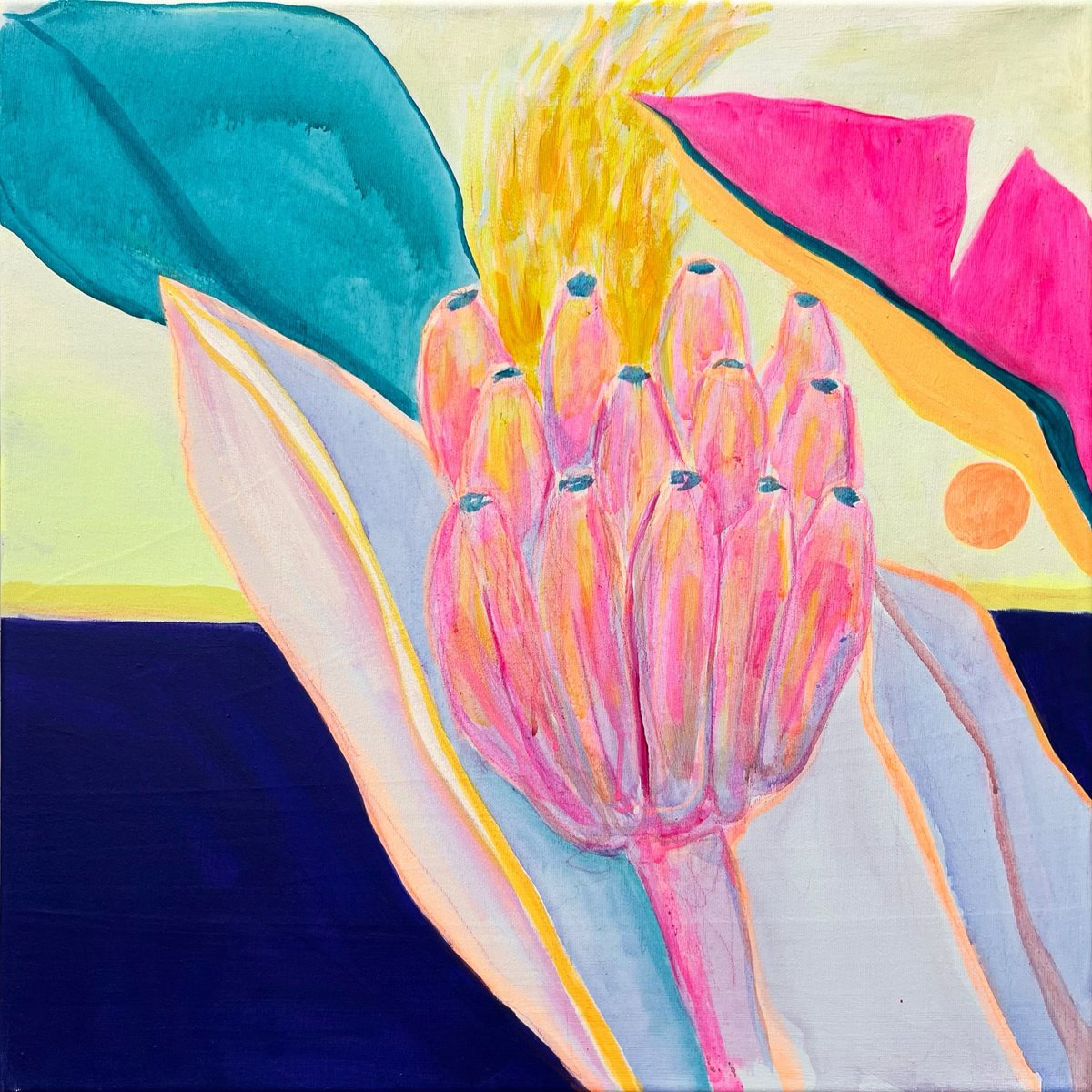 Organic Botanical Acrylic Painting By Kathryn Sillince, 22 X 22", Pink Neon Banana Study, Original Artwork