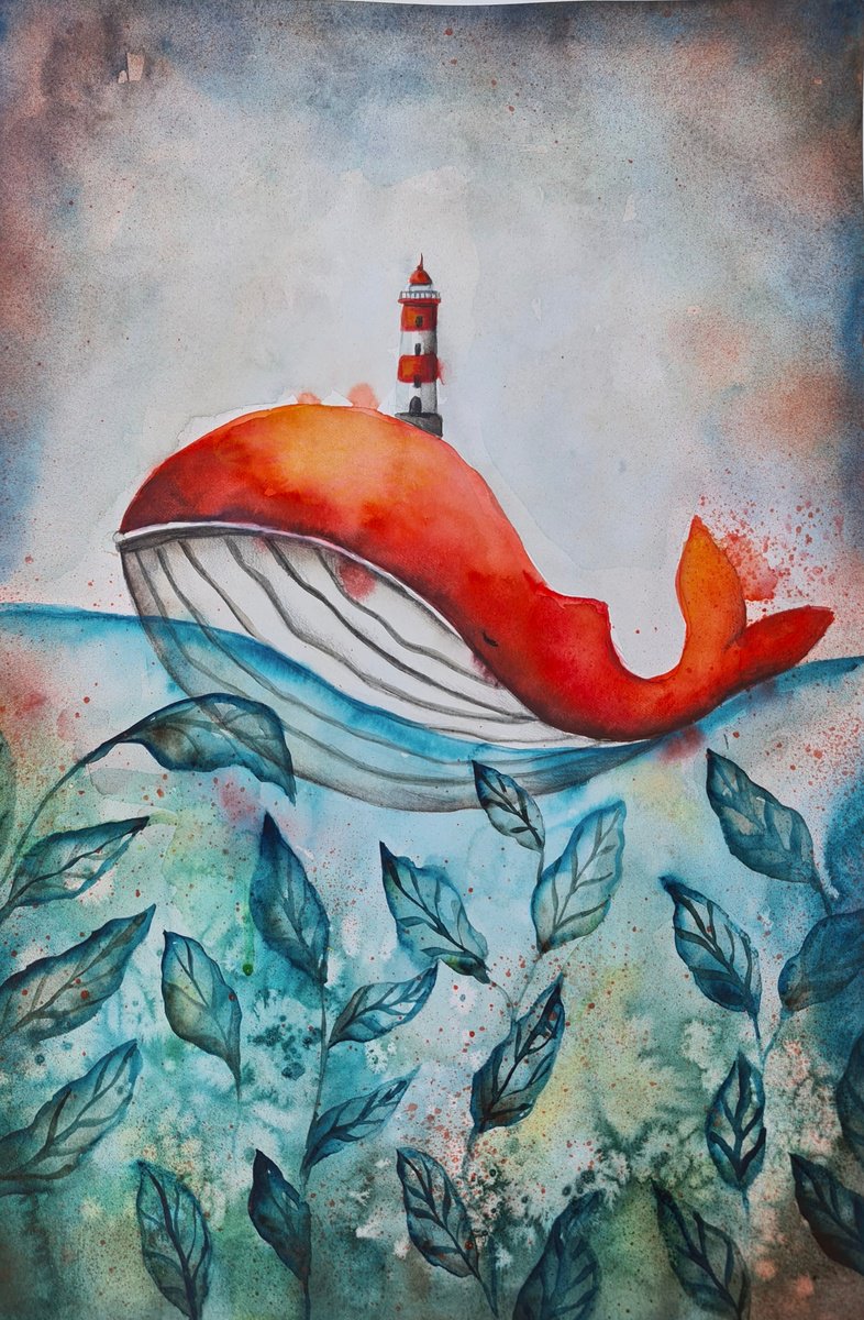 Surrealistic Animal Watercolour By Evgenia Smirnova, 15 X 22, Red Whale 2, Original Artwork