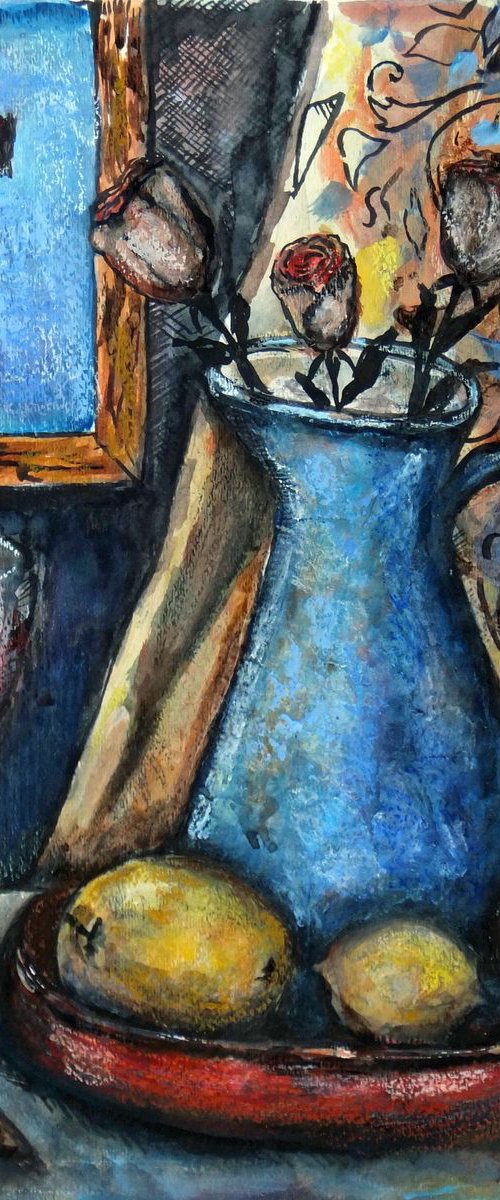 Still life with a blue jug and three roses by Elizabeth Vlasova