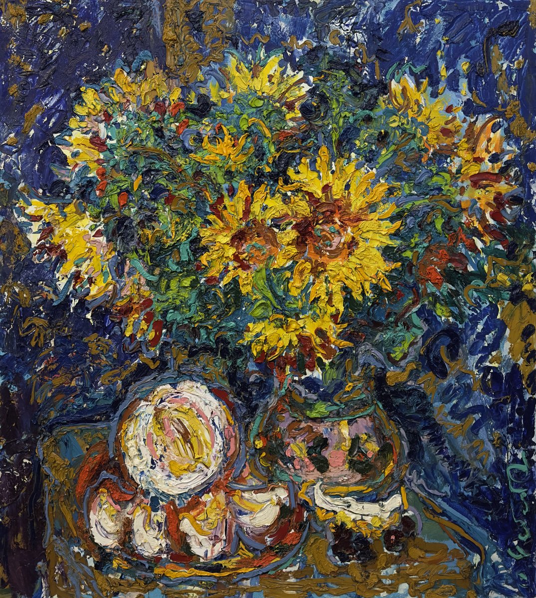 Impressionistic Landscape Oil Painting By Andrii Chebotaru, 35 X 39, Sunflowers, Original Artwork