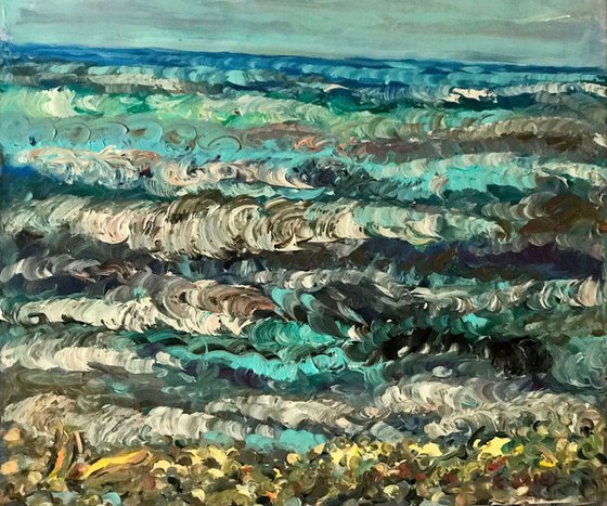 CASPEAN SEA - original oil landscape painting, seascape, beach, seashore, waves, turquoise blue colours 60x70