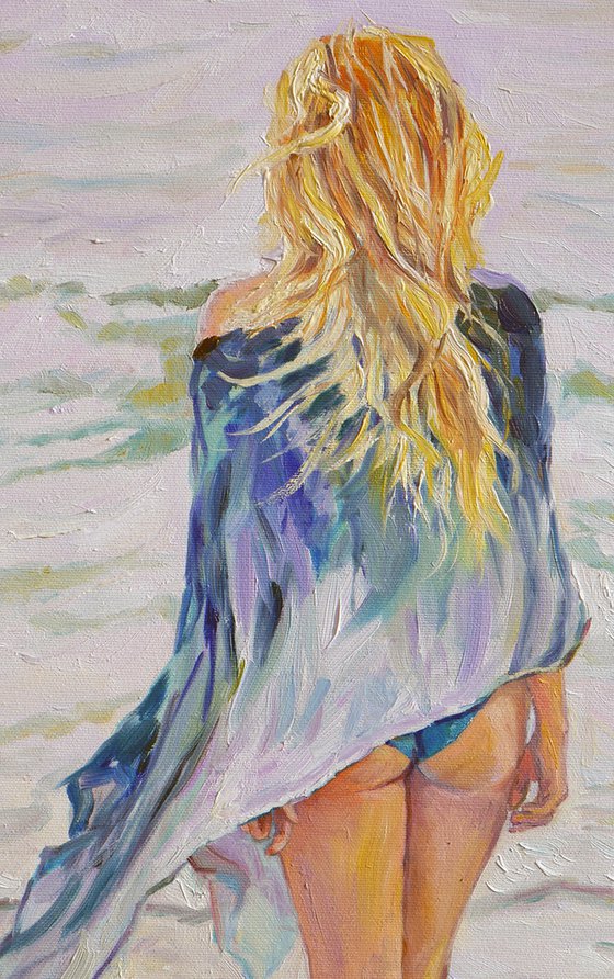 " Girl, sea, wind "  original oil water painting on canvas, ready to hang, wall decor gift idea