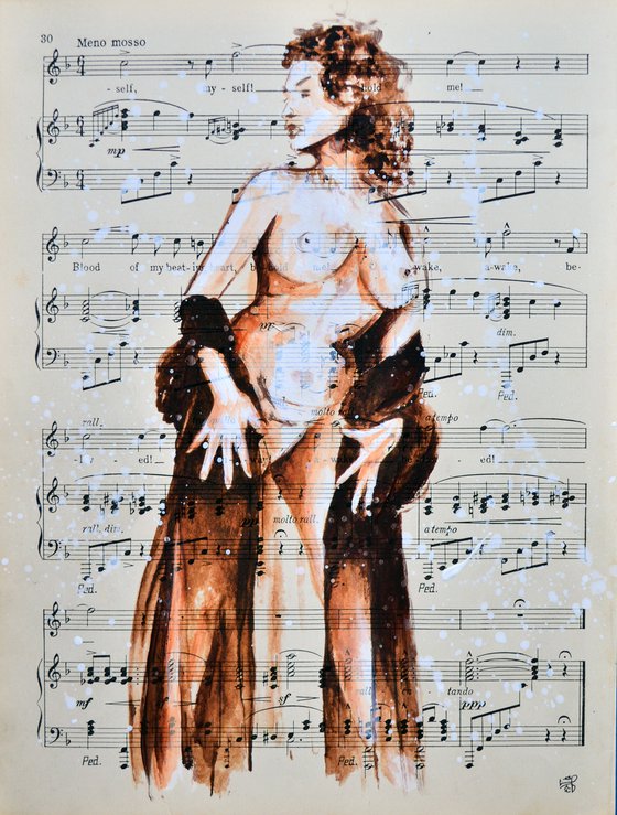 Nude 4 - Feel The Power - Collage Art on Vintage Music Sheet Page