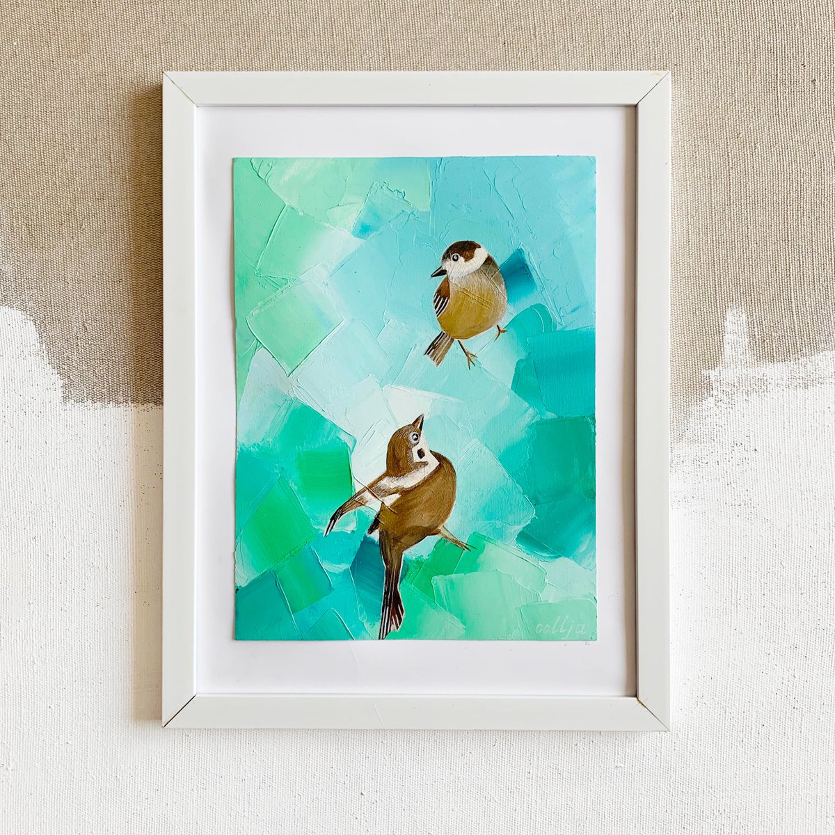 Painting Sparrow conversation / Birds painting / Birds in flight by Olha Gitman