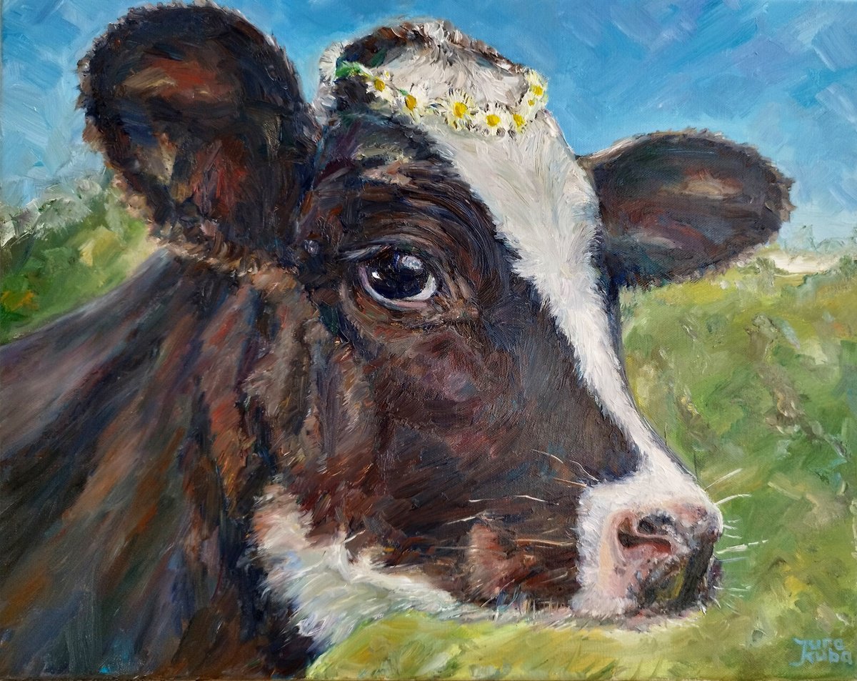 Photorealistic Animal Oil Painting By Jura Kuba Art, 20 X 16", Camille, The Cow, Original Artwork