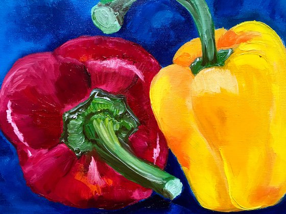 ReD and yellow Peppers on navy  blue background  #7