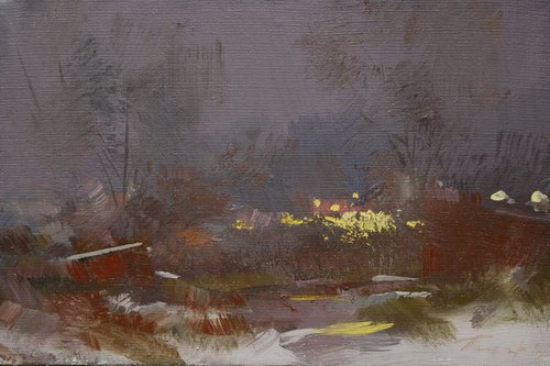 Small landscape painting " Evening Talks in Mountains " ( 387l14 ) by Yuri Pysar