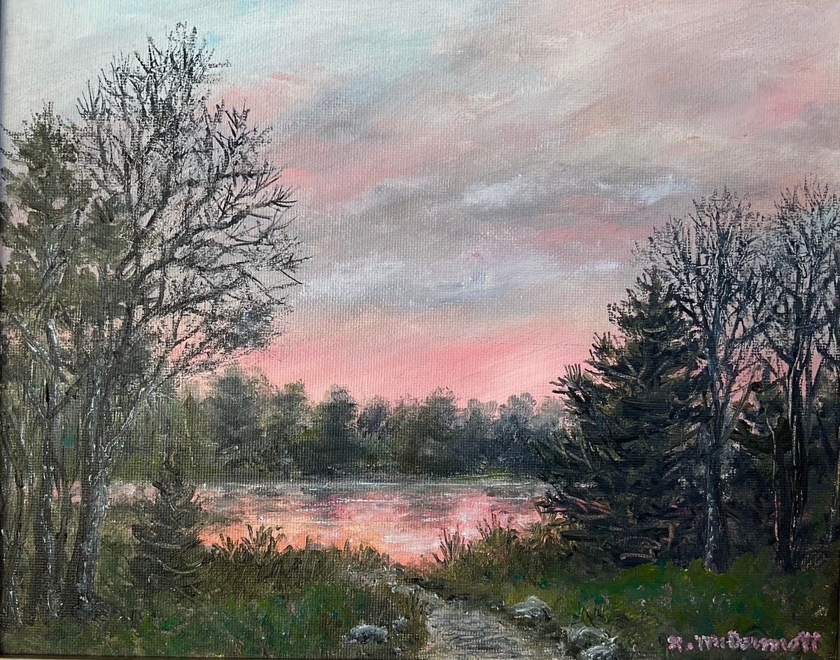 Impressionistic Landscape Oil Painting By Kathleen Mcdermott, 15 X 13", Dawn Pinks # 2, Original Artwork