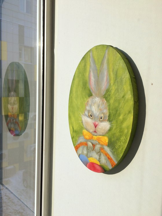 Easter Bunny with eggs - Small ellipse canvas - Funny gift idea