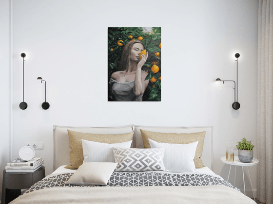 Girl with lemons. Original painting 50x70 cm. As a gift.